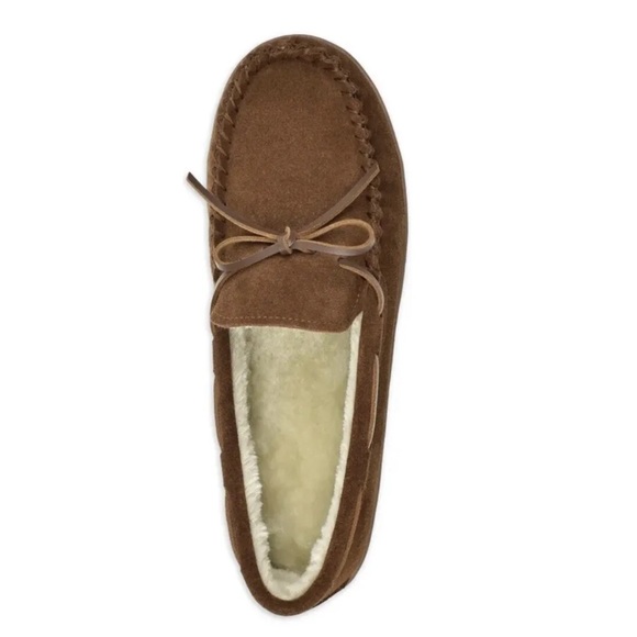 Mens Moccasin Slippers Genuine Suede Brown Indoor Outdoor Soles 7/8 - Picture 2 of 5